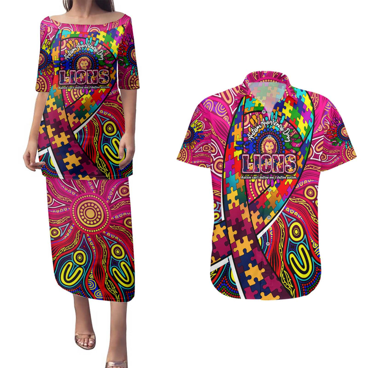 Autism Awareness Australia Brisbane Lions Couples Matching Puletasi and Hawaiian Shirt Aboriginal Indigenous Art