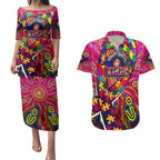 Autism Awareness Australia Brisbane Lions Couples Matching Puletasi and Hawaiian Shirt Aboriginal Indigenous Art
