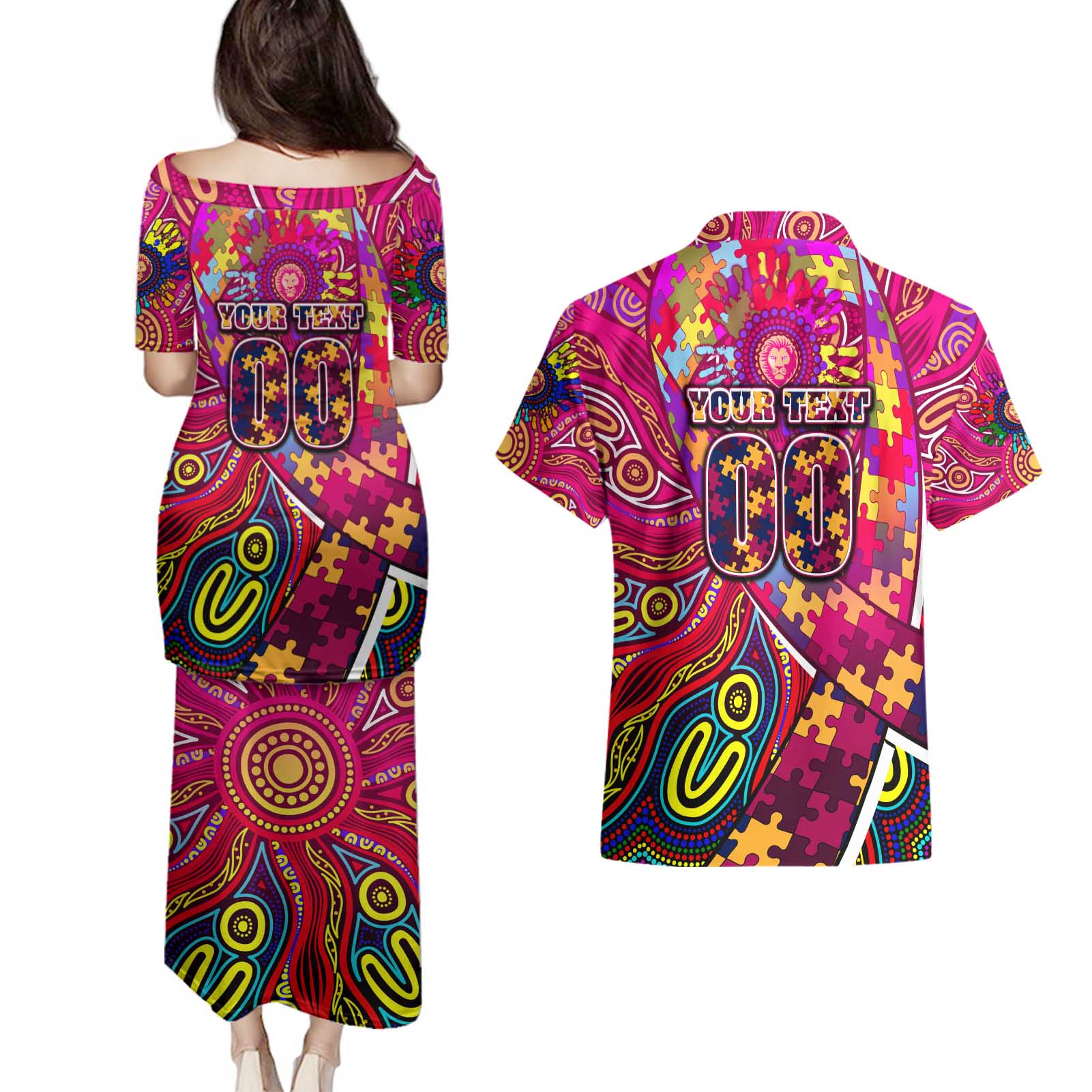 Autism Awareness Australia Brisbane Lions Couples Matching Puletasi and Hawaiian Shirt Aboriginal Indigenous Art