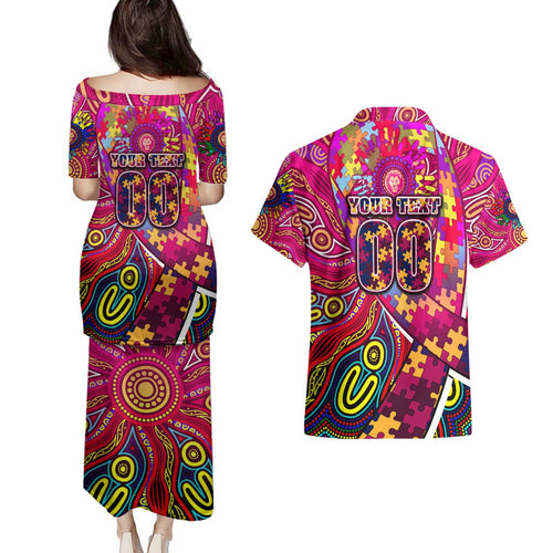 Autism Awareness Australia Brisbane Lions Couples Matching Puletasi and Hawaiian Shirt Aboriginal Indigenous Art