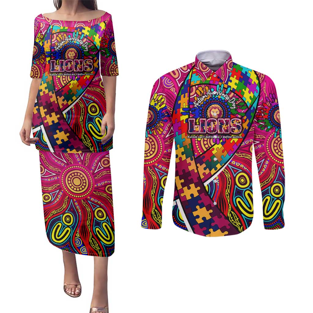 Autism Awareness Australia Brisbane Lions Couples Matching Puletasi and Long Sleeve Button Shirt Aboriginal Indigenous Art