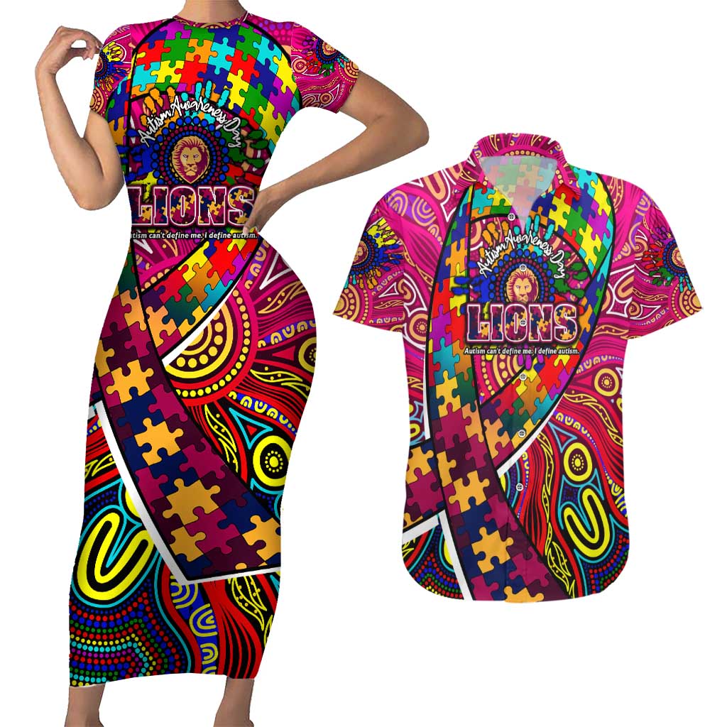 Autism Awareness Australia Brisbane Lions Couples Matching Short Sleeve Bodycon Dress and Hawaiian Shirt Aboriginal Indigenous Art
