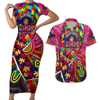 Autism Awareness Australia Brisbane Lions Couples Matching Short Sleeve Bodycon Dress and Hawaiian Shirt Aboriginal Indigenous Art