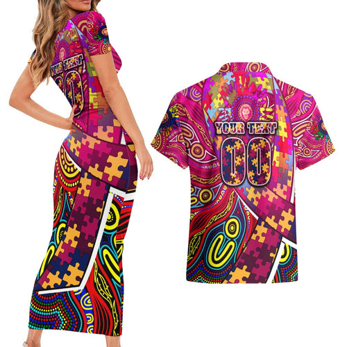 Autism Awareness Australia Brisbane Lions Couples Matching Short Sleeve Bodycon Dress and Hawaiian Shirt Aboriginal Indigenous Art