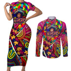 Autism Awareness Australia Brisbane Lions Couples Matching Short Sleeve Bodycon Dress and Long Sleeve Button Shirt Aboriginal Indigenous Art