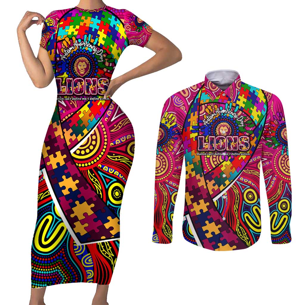 Autism Awareness Australia Brisbane Lions Couples Matching Short Sleeve Bodycon Dress and Long Sleeve Button Shirt Aboriginal Indigenous Art