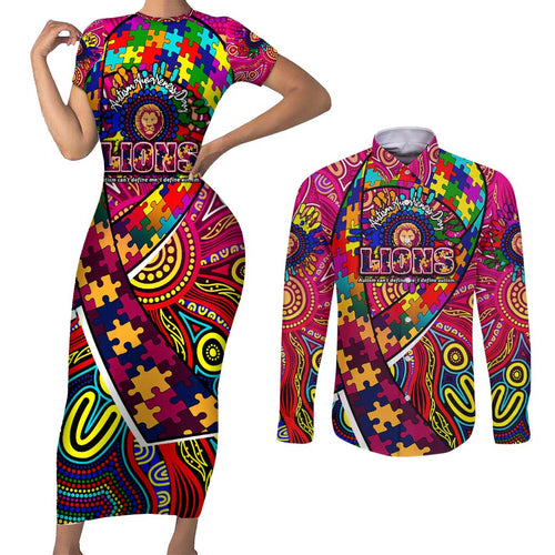 Autism Awareness Australia Brisbane Lions Couples Matching Short Sleeve Bodycon Dress and Long Sleeve Button Shirt Aboriginal Indigenous Art