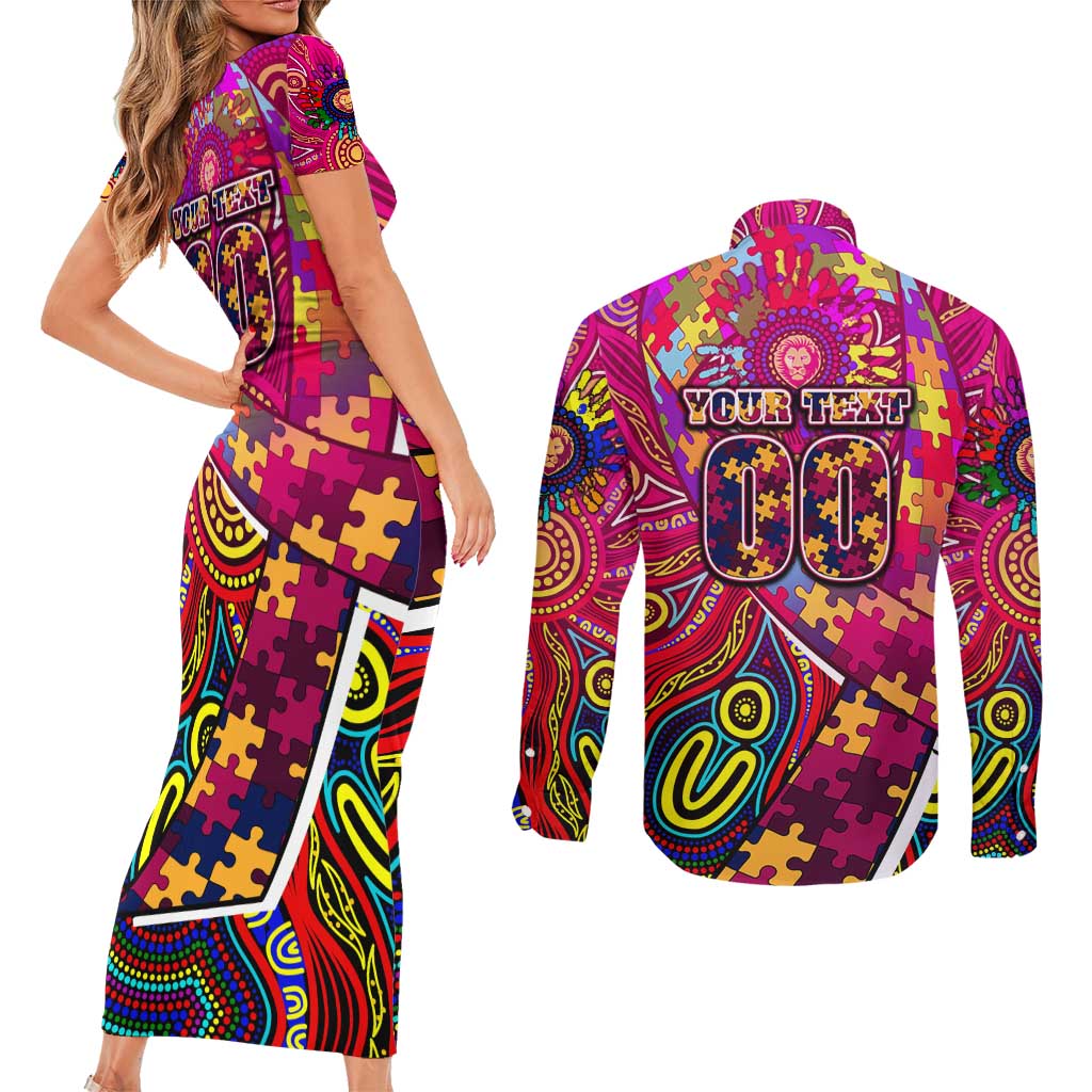 Autism Awareness Australia Brisbane Lions Couples Matching Short Sleeve Bodycon Dress and Long Sleeve Button Shirt Aboriginal Indigenous Art
