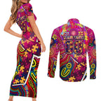 Autism Awareness Australia Brisbane Lions Couples Matching Short Sleeve Bodycon Dress and Long Sleeve Button Shirt Aboriginal Indigenous Art