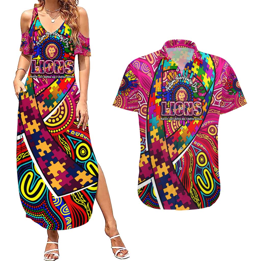 Autism Awareness Australia Brisbane Lions Couples Matching Summer Maxi Dress and Hawaiian Shirt Aboriginal Indigenous Art