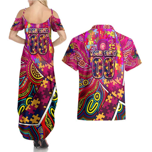 Autism Awareness Australia Brisbane Lions Couples Matching Summer Maxi Dress and Hawaiian Shirt Aboriginal Indigenous Art