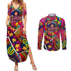 Autism Awareness Australia Brisbane Lions Couples Matching Summer Maxi Dress and Long Sleeve Button Shirt Aboriginal Indigenous Art