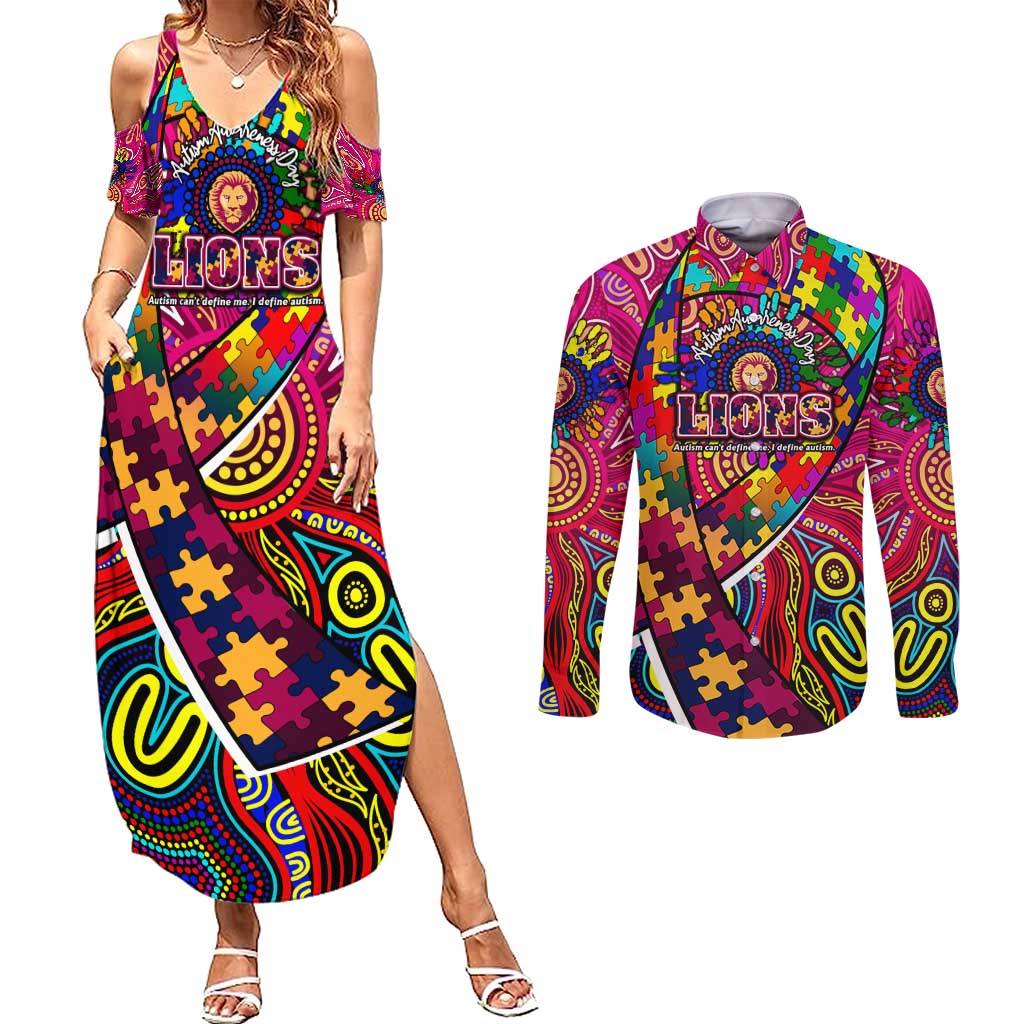 Autism Awareness Australia Brisbane Lions Couples Matching Summer Maxi Dress and Long Sleeve Button Shirt Aboriginal Indigenous Art