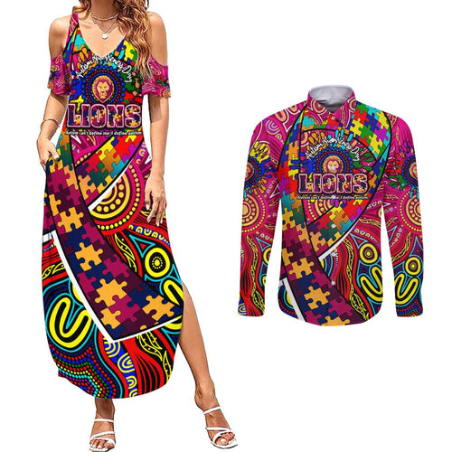 Autism Awareness Australia Brisbane Lions Couples Matching Summer Maxi Dress and Long Sleeve Button Shirt Aboriginal Indigenous Art