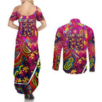 Autism Awareness Australia Brisbane Lions Couples Matching Summer Maxi Dress and Long Sleeve Button Shirt Aboriginal Indigenous Art