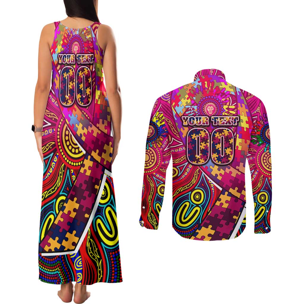 Autism Awareness Australia Brisbane Lions Couples Matching Tank Maxi Dress and Long Sleeve Button Shirt Aboriginal Indigenous Art