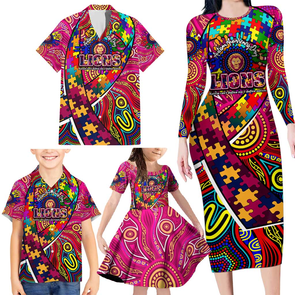 Autism Awareness Australia Brisbane Lions Family Matching Long Sleeve Bodycon Dress and Hawaiian Shirt Aboriginal Indigenous Art