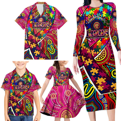 Autism Awareness Australia Brisbane Lions Family Matching Long Sleeve Bodycon Dress and Hawaiian Shirt Aboriginal Indigenous Art