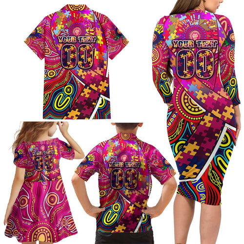 Autism Awareness Australia Brisbane Lions Family Matching Long Sleeve Bodycon Dress and Hawaiian Shirt Aboriginal Indigenous Art