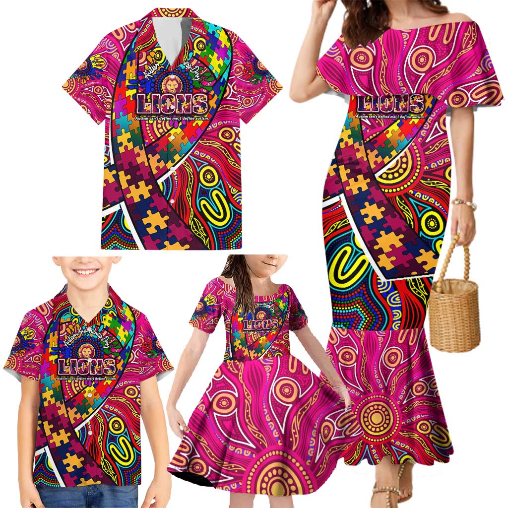 Autism Awareness Australia Brisbane Lions Family Matching Mermaid Dress and Hawaiian Shirt Aboriginal Indigenous Art