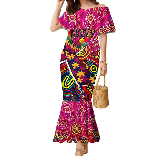 Autism Awareness Australia Brisbane Lions Family Matching Mermaid Dress and Hawaiian Shirt Aboriginal Indigenous Art