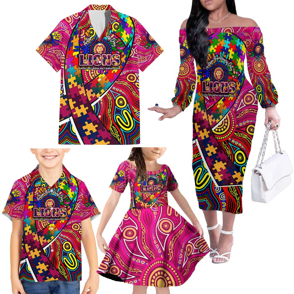 Autism Awareness Australia Brisbane Lions Family Matching Off The Shoulder Long Sleeve Dress and Hawaiian Shirt Aboriginal Indigenous Art