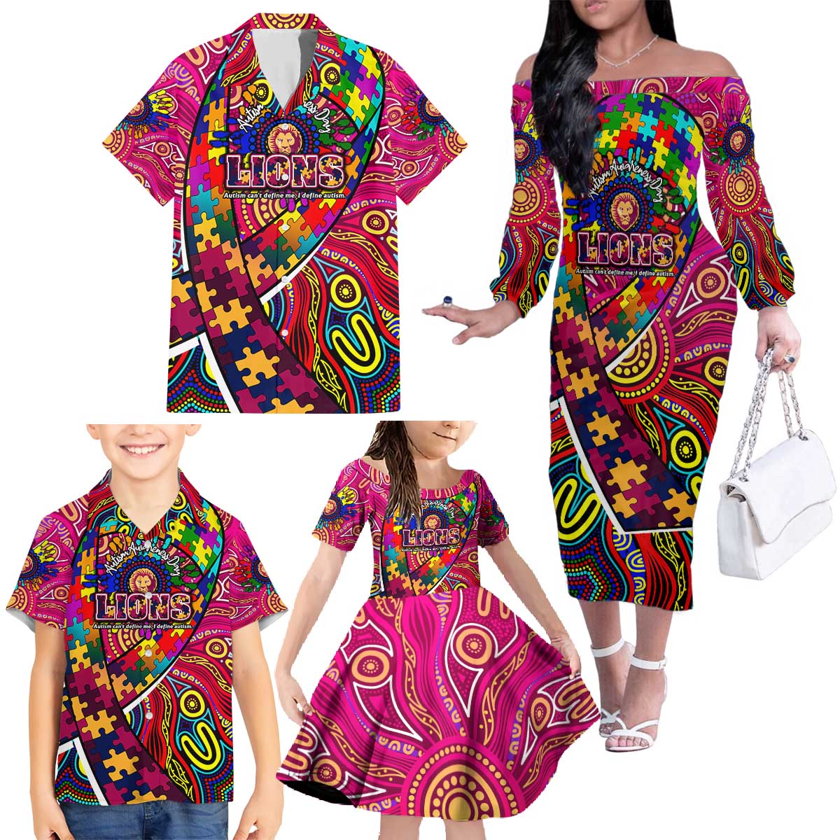 Autism Awareness Australia Brisbane Lions Family Matching Off The Shoulder Long Sleeve Dress and Hawaiian Shirt Aboriginal Indigenous Art