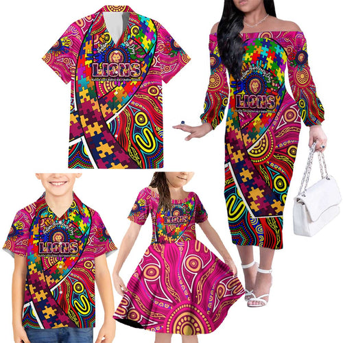 Autism Awareness Australia Brisbane Lions Family Matching Off The Shoulder Long Sleeve Dress and Hawaiian Shirt Aboriginal Indigenous Art
