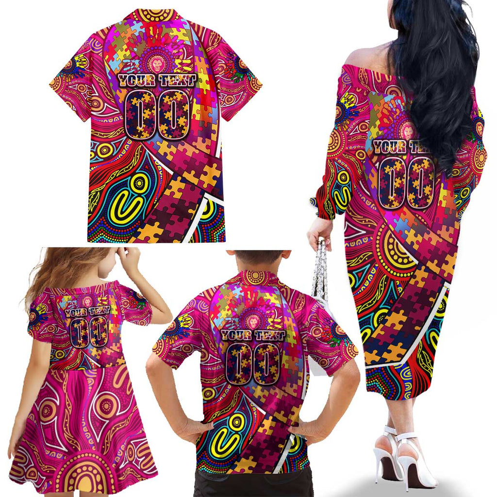 Autism Awareness Australia Brisbane Lions Family Matching Off The Shoulder Long Sleeve Dress and Hawaiian Shirt Aboriginal Indigenous Art