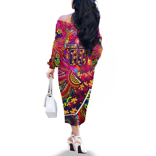 Autism Awareness Australia Brisbane Lions Family Matching Off The Shoulder Long Sleeve Dress and Hawaiian Shirt Aboriginal Indigenous Art