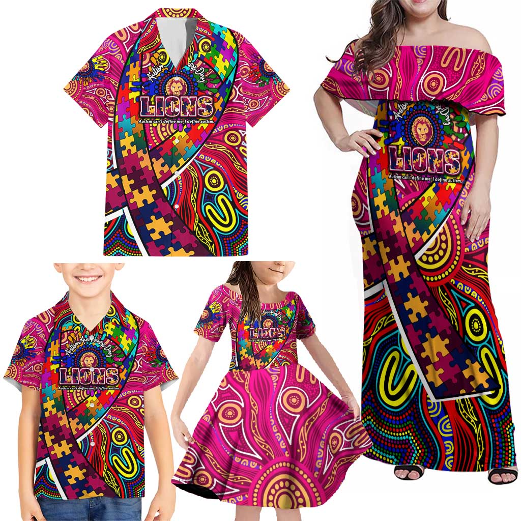 Autism Awareness Australia Brisbane Lions Family Matching Off Shoulder Maxi Dress and Hawaiian Shirt Aboriginal Indigenous Art