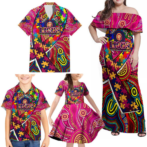 Autism Awareness Australia Brisbane Lions Family Matching Off Shoulder Maxi Dress and Hawaiian Shirt Aboriginal Indigenous Art