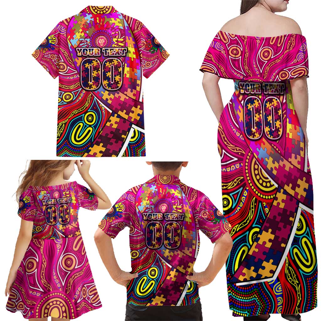 Autism Awareness Australia Brisbane Lions Family Matching Off Shoulder Maxi Dress and Hawaiian Shirt Aboriginal Indigenous Art