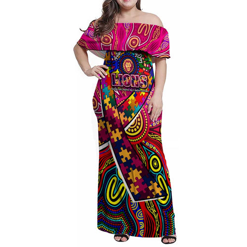 Autism Awareness Australia Brisbane Lions Family Matching Off Shoulder Maxi Dress and Hawaiian Shirt Aboriginal Indigenous Art