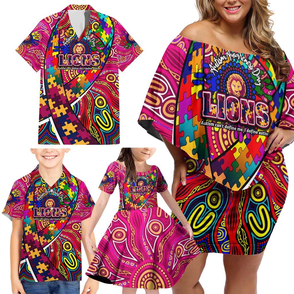 Autism Awareness Australia Brisbane Lions Family Matching Off Shoulder Short Dress and Hawaiian Shirt Aboriginal Indigenous Art