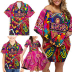 Autism Awareness Australia Brisbane Lions Family Matching Off Shoulder Short Dress and Hawaiian Shirt Aboriginal Indigenous Art