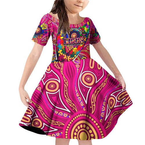 Autism Awareness Australia Brisbane Lions Family Matching Off Shoulder Short Dress and Hawaiian Shirt Aboriginal Indigenous Art