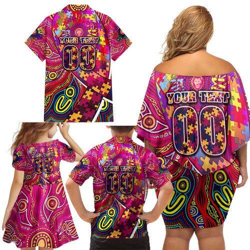 Autism Awareness Australia Brisbane Lions Family Matching Off Shoulder Short Dress and Hawaiian Shirt Aboriginal Indigenous Art