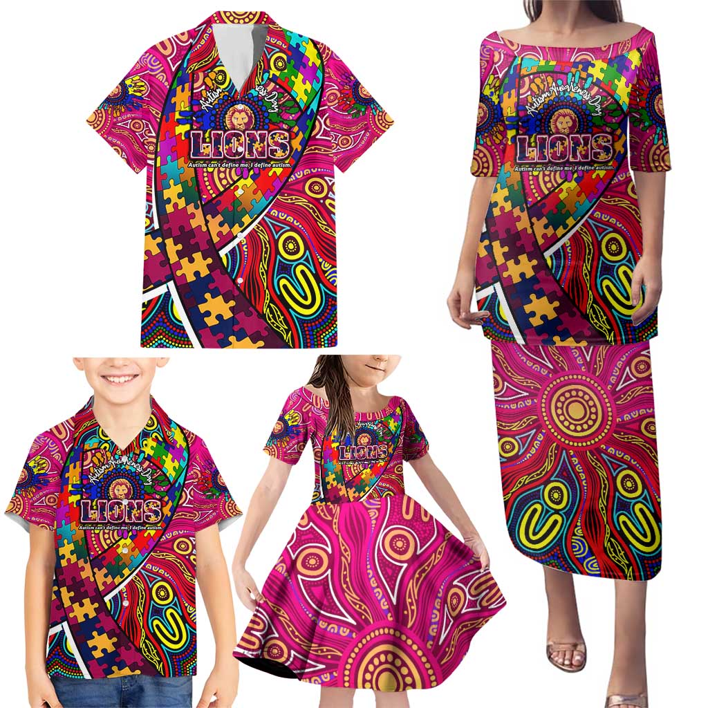Autism Awareness Australia Brisbane Lions Family Matching Puletasi and Hawaiian Shirt Aboriginal Indigenous Art