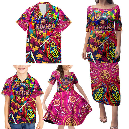 Autism Awareness Australia Brisbane Lions Family Matching Puletasi and Hawaiian Shirt Aboriginal Indigenous Art