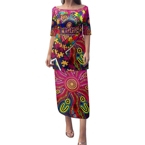 Autism Awareness Australia Brisbane Lions Family Matching Puletasi and Hawaiian Shirt Aboriginal Indigenous Art