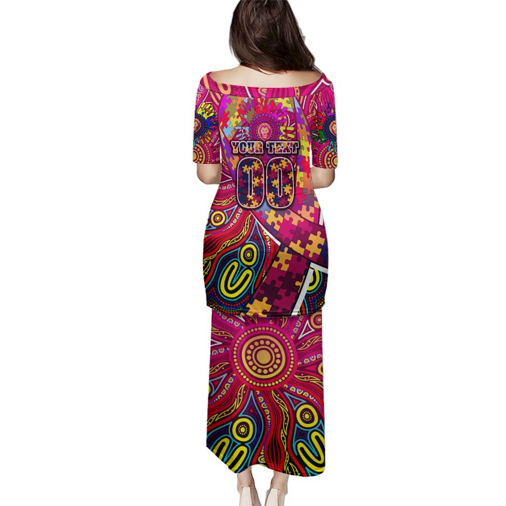 Autism Awareness Australia Brisbane Lions Family Matching Puletasi and Hawaiian Shirt Aboriginal Indigenous Art