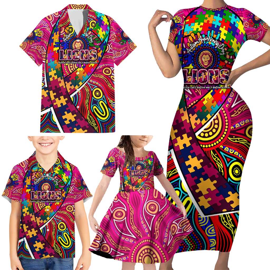 Autism Awareness Australia Brisbane Lions Family Matching Short Sleeve Bodycon Dress and Hawaiian Shirt Aboriginal Indigenous Art
