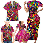 Autism Awareness Australia Brisbane Lions Family Matching Short Sleeve Bodycon Dress and Hawaiian Shirt Aboriginal Indigenous Art