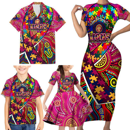 Autism Awareness Australia Brisbane Lions Family Matching Short Sleeve Bodycon Dress and Hawaiian Shirt Aboriginal Indigenous Art