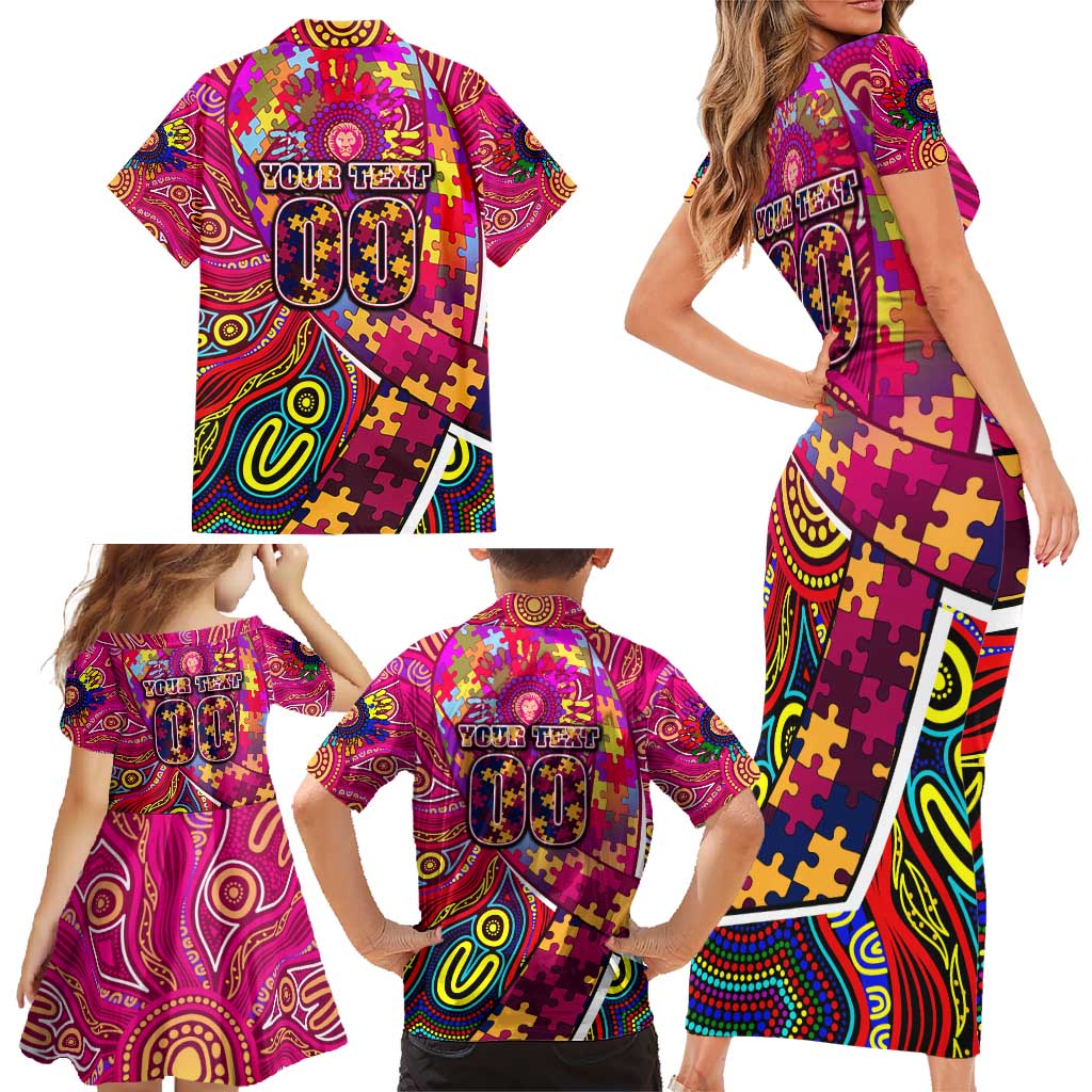 Autism Awareness Australia Brisbane Lions Family Matching Short Sleeve Bodycon Dress and Hawaiian Shirt Aboriginal Indigenous Art