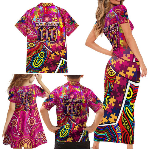 Autism Awareness Australia Brisbane Lions Family Matching Short Sleeve Bodycon Dress and Hawaiian Shirt Aboriginal Indigenous Art