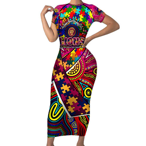 Autism Awareness Australia Brisbane Lions Family Matching Short Sleeve Bodycon Dress and Hawaiian Shirt Aboriginal Indigenous Art