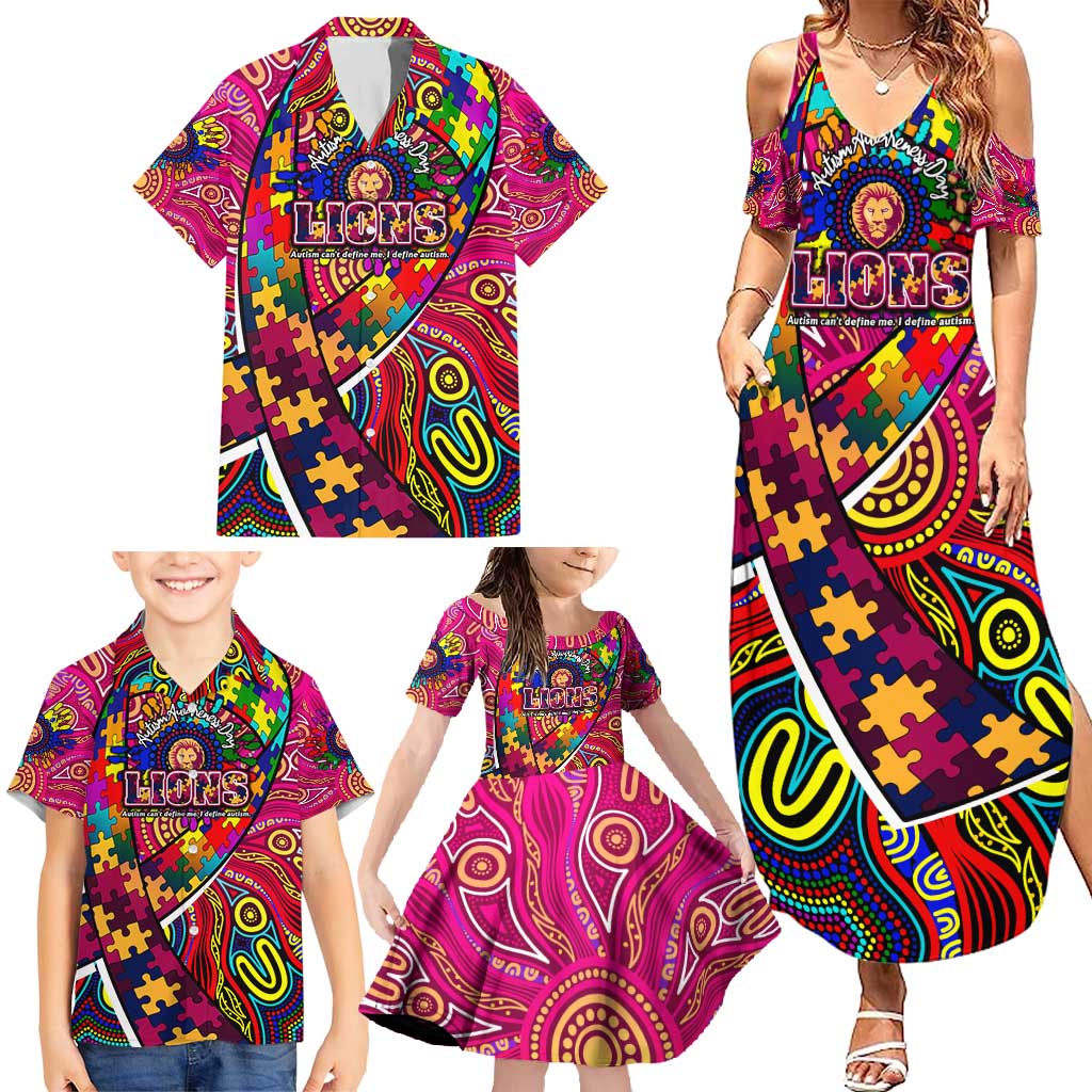 Autism Awareness Australia Brisbane Lions Family Matching Summer Maxi Dress and Hawaiian Shirt Aboriginal Indigenous Art