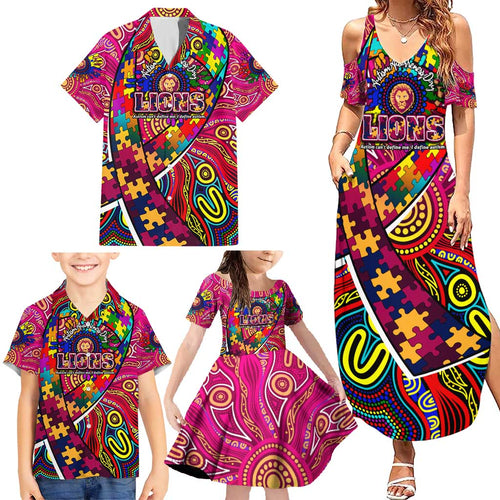 Autism Awareness Australia Brisbane Lions Family Matching Summer Maxi Dress and Hawaiian Shirt Aboriginal Indigenous Art